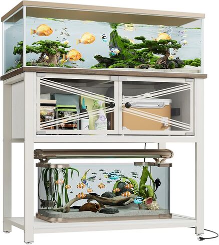 Rresyet 40-50 Gallon Aquarium Stand with Heavy Duty Metal Frame, Fish Tank Stand with Power Outlets, Two Glasses Door Storage Cabinet, Suitable for Turtle Tank, Reptile Tank, White+Brown in Saudi Arabia