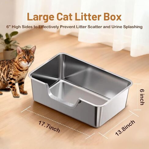 Stainless Steel Cat Litter Box, Large Metal Cat Pan Box, 6 Inch High Sides Low Entry Kitten Litter Boxes, Litter Pan for Older Cats, Easy Cleaning, Non Stick, No Smell, 17.7" x 13.8", Gray in Kuwait