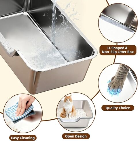 Stainless Steel Cat Litter Box, Large Metal Cat Pan Box, 6 Inch High Sides Low Entry Kitten Litter Boxes, Litter Pan for Older Cats, Easy Cleaning, Non Stick, No Smell, 17.7" x 13.8", Gray in Kuwait