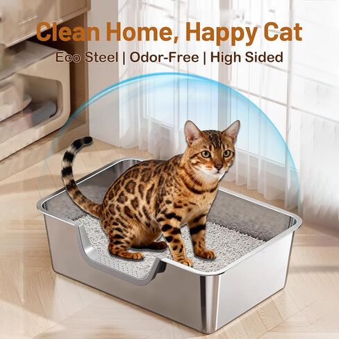 Stainless Steel Cat Litter Box, Large Metal Cat Pan Box, 6 Inch High Sides Low Entry Kitten Litter Boxes, Litter Pan for Older Cats, Easy Cleaning, Non Stick, No Smell, 17.7" x 13.8", Gray in Kuwait