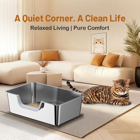 Stainless Steel Cat Litter Box, Large Metal Cat Pan Box, 6 Inch High Sides Low Entry Kitten Litter Boxes, Litter Pan for Older Cats, Easy Cleaning, Non Stick, No Smell, 17.7" x 13.8", Gray in Kuwait