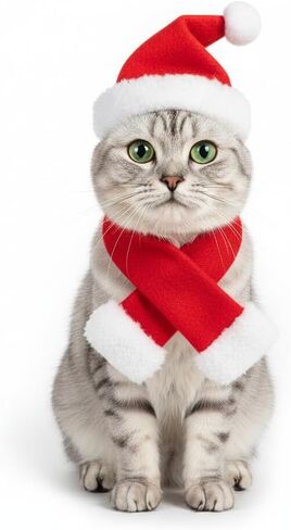 Cat Christmas Costume Santa Hat with Scarf &Small Dogs - Funny Santa Hat and Scarf Outfit for Holiday Photos, Dress Up&Parties Adjustable Cat Christmas Clothes & Accessories for Pet Lovers in Kuwait
