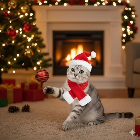 Cat Christmas Costume Santa Hat with Scarf &Small Dogs - Funny Santa Hat and Scarf Outfit for Holiday Photos, Dress Up&Parties Adjustable Cat Christmas Clothes & Accessories for Pet Lovers in Kuwait