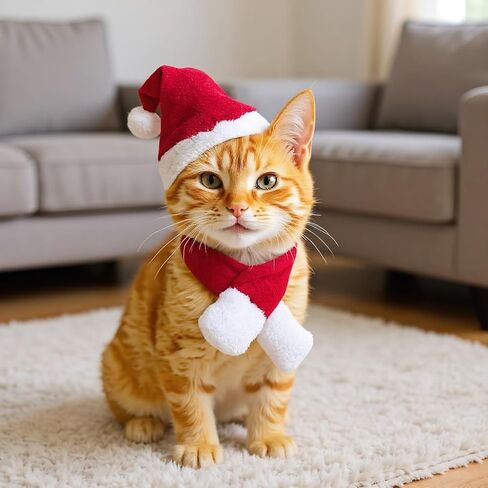 Cat Christmas Costume Santa Hat with Scarf &Small Dogs - Funny Santa Hat and Scarf Outfit for Holiday Photos, Dress Up&Parties Adjustable Cat Christmas Clothes & Accessories for Pet Lovers in Kuwait