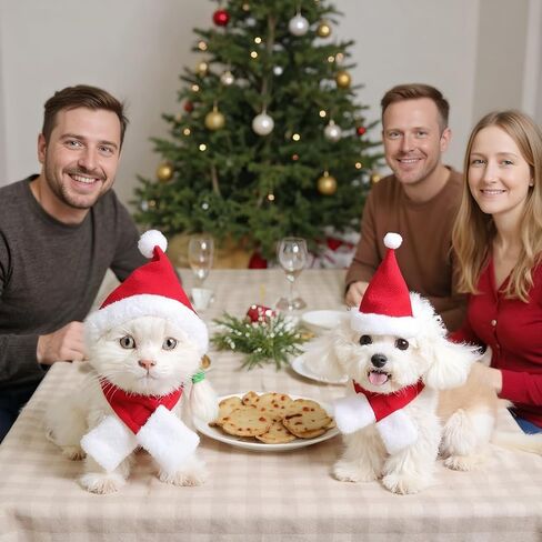 Cat Christmas Costume Santa Hat with Scarf &Small Dogs - Funny Santa Hat and Scarf Outfit for Holiday Photos, Dress Up&Parties Adjustable Cat Christmas Clothes & Accessories for Pet Lovers in Kuwait