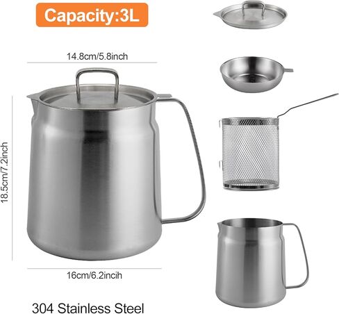 وعاء مقلاة عميقة من الفولاذ المقاوم للصدأ 304 مع سلة ومصفاة، القلي، الطبخ، التخييم، حاوية فلتر الزيت، 3.5 لتر (3.5Qt) in Kuwait