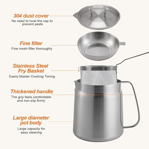 وعاء مقلاة عميقة من الفولاذ المقاوم للصدأ 304 مع سلة ومصفاة، القلي، الطبخ، التخييم، حاوية فلتر الزيت، 3.5 لتر (3.5Qt) in Kuwait