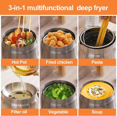 وعاء مقلاة عميقة من الفولاذ المقاوم للصدأ 304 مع سلة ومصفاة، القلي، الطبخ، التخييم، حاوية فلتر الزيت، 3.5 لتر (3.5Qt) in Kuwait