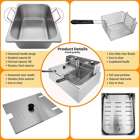 مقلاة كهربائية عميقة بقدرة 3400 وات، سعة 21 كيو تي/20 لتر، مقلاة عميقة تجارية مع سلتين للاستخدام المستقل، مقلاة زيت على سطح الطاولة لاستخدام المطاعم والمطبخ المنزلي in Kuwait