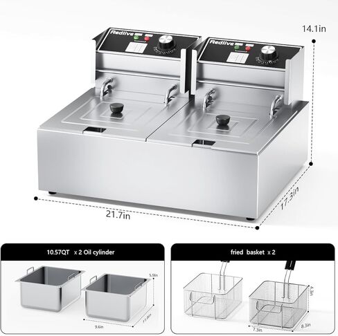 مقلاة كهربائية عميقة بقدرة 3400 وات، سعة 21 كيو تي/20 لتر، مقلاة عميقة تجارية مع سلتين للاستخدام المستقل، مقلاة زيت على سطح الطاولة لاستخدام المطاعم والمطبخ المنزلي in Kuwait
