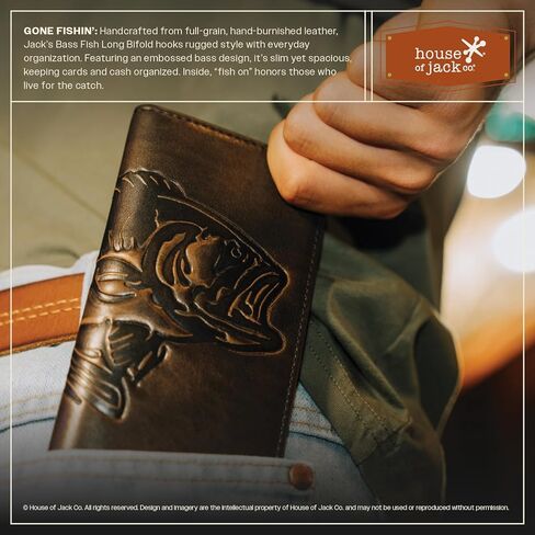 HoJ Co. BASS FISH Long Wallet For Men | Full Grain Leather with Hand Burnished Finish | Long Bifold Wallet | Rodeo Wallet | Bass Fisherman Gift in Kuwait