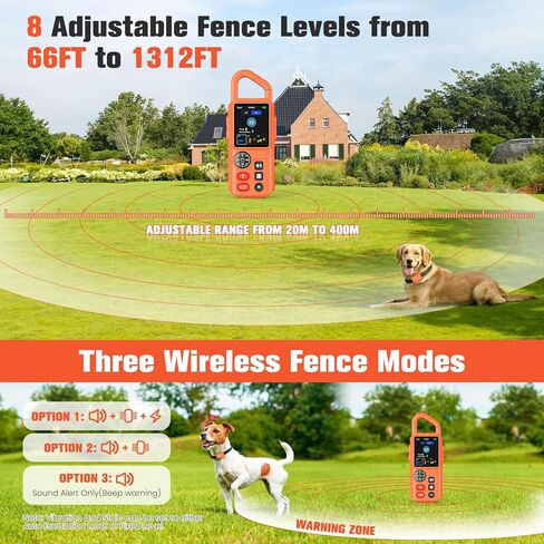 2-in-1 Wireless Dog Fence System, Electric Fences for Small Medium Large Dogs, 4 Modes Training Collar with Remote, Waterproof, Portable Indoor & Outdoor Safe Pet Containment, Real-Time Display in Kuwait
