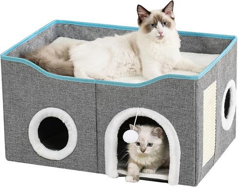 Large Cat Bed for Indoor Cats, Extra Wide Cat Cave House with Scratch Pad and Fluffy Ball, Foldable Cat Hideaway for Kitten Bed, Cat Condo for Cats (Grey, X-Large) in Kuwait