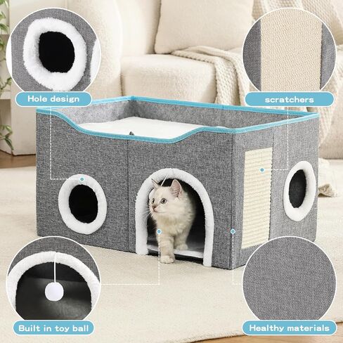 Large Cat Bed for Indoor Cats, Extra Wide Cat Cave House with Scratch Pad and Fluffy Ball, Foldable Cat Hideaway for Kitten Bed, Cat Condo for Cats (Grey, X-Large) in Kuwait