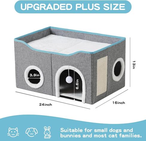 Large Cat Bed for Indoor Cats, Extra Wide Cat Cave House with Scratch Pad and Fluffy Ball, Foldable Cat Hideaway for Kitten Bed, Cat Condo for Cats (Grey, X-Large) in Kuwait