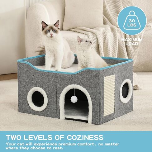 Large Cat Bed for Indoor Cats, Extra Wide Cat Cave House with Scratch Pad and Fluffy Ball, Foldable Cat Hideaway for Kitten Bed, Cat Condo for Cats (Grey, X-Large) in Kuwait
