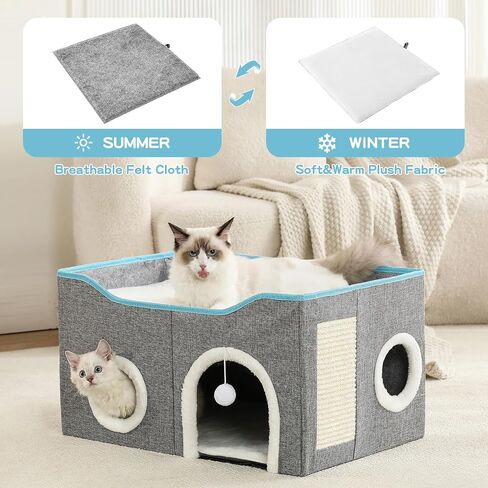 Large Cat Bed for Indoor Cats, Extra Wide Cat Cave House with Scratch Pad and Fluffy Ball, Foldable Cat Hideaway for Kitten Bed, Cat Condo for Cats (Grey, X-Large) in Kuwait