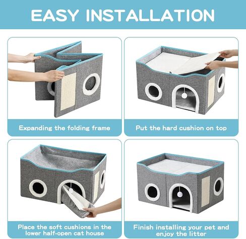 Large Cat Bed for Indoor Cats, Extra Wide Cat Cave House with Scratch Pad and Fluffy Ball, Foldable Cat Hideaway for Kitten Bed, Cat Condo for Cats (Grey, X-Large) in Kuwait
