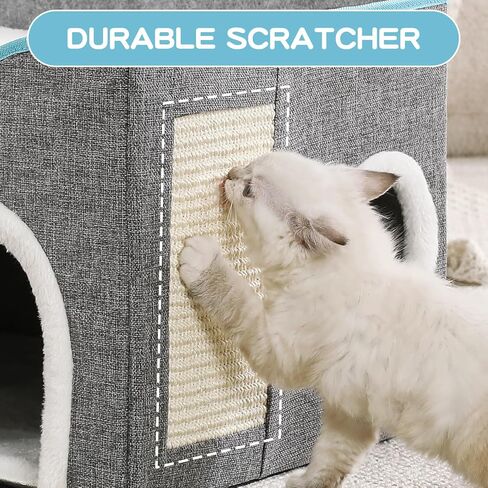 Large Cat Bed for Indoor Cats, Extra Wide Cat Cave House with Scratch Pad and Fluffy Ball, Foldable Cat Hideaway for Kitten Bed, Cat Condo for Cats (Grey, X-Large) in Kuwait