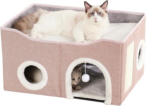 Large Cat Bed for Indoor Cats, Extra Wide Cat Cave House with Scratch Pad and Fluffy Ball, Foldable Cat Hideaway for Kitten Bed, Cat Condo for Cats (Grey, X-Large) in Kuwait