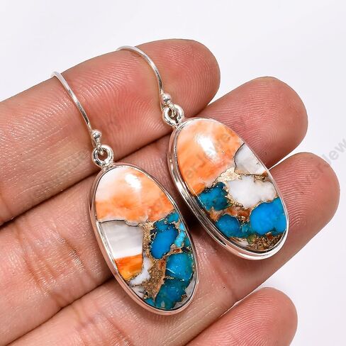 Natural Top Quality Orange Spiny Oyster Turquoise Gemstone 925 Sterling Silver Handmade Orange Stone Dangle Earrings for Women Gift for Women in Saudi Arabia