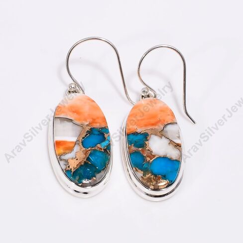 Natural Top Quality Orange Spiny Oyster Turquoise Gemstone 925 Sterling Silver Handmade Orange Stone Dangle Earrings for Women Gift for Women in Saudi Arabia