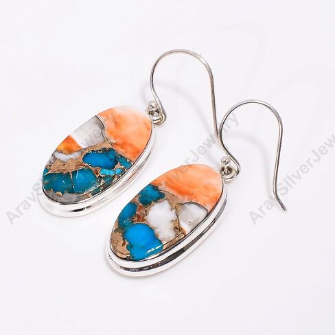 Natural Top Quality Orange Spiny Oyster Turquoise Gemstone 925 Sterling Silver Handmade Orange Stone Dangle Earrings for Women Gift for Women in Saudi Arabia