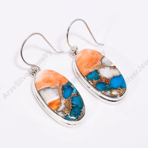 Natural Top Quality Orange Spiny Oyster Turquoise Gemstone 925 Sterling Silver Handmade Orange Stone Dangle Earrings for Women Gift for Women in Saudi Arabia