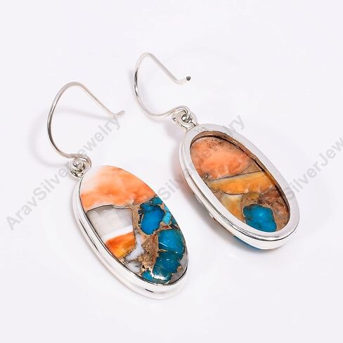 Natural Top Quality Orange Spiny Oyster Turquoise Gemstone 925 Sterling Silver Handmade Orange Stone Dangle Earrings for Women Gift for Women in Saudi Arabia
