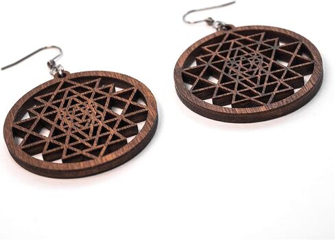 Wooden Dangle Earrings Sri Yantra, 0g, 40 mm, Yoga Jewelry, Budda Earrings, Mandala Zen Boho Gift in Saudi Arabia