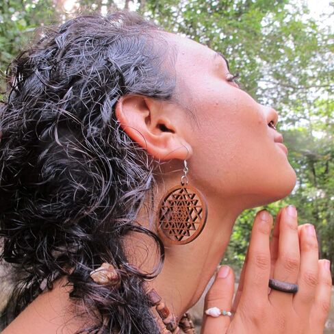 Wooden Dangle Earrings Sri Yantra, 0g, 40 mm, Yoga Jewelry, Budda Earrings, Mandala Zen Boho Gift in Saudi Arabia