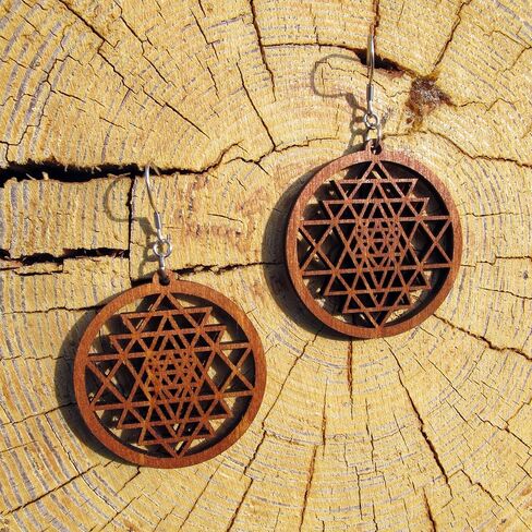 Wooden Dangle Earrings Sri Yantra, 0g, 40 mm, Yoga Jewelry, Budda Earrings, Mandala Zen Boho Gift in Saudi Arabia