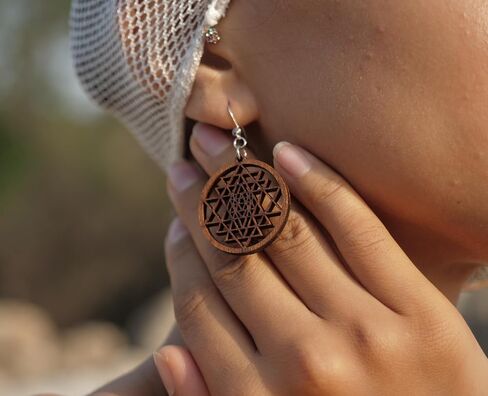 Wooden Dangle Earrings Sri Yantra, 0g, 40 mm, Yoga Jewelry, Budda Earrings, Mandala Zen Boho Gift in Saudi Arabia