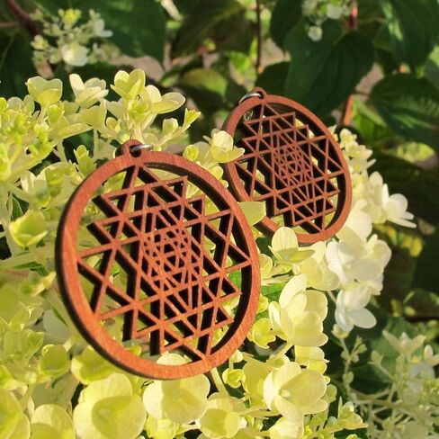 Wooden Dangle Earrings Sri Yantra, 0g, 40 mm, Yoga Jewelry, Budda Earrings, Mandala Zen Boho Gift in Saudi Arabia