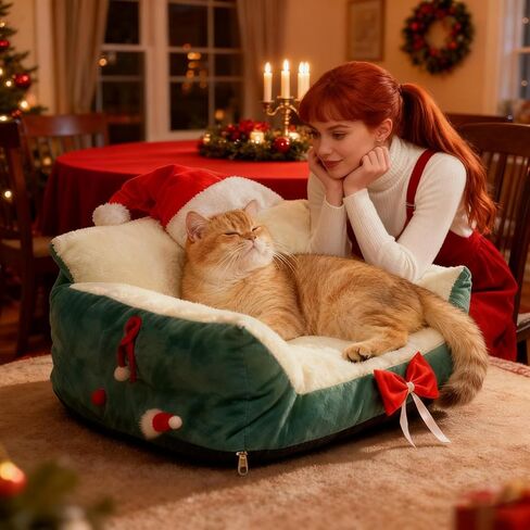 Pet Sofa,Sleeping Chair with Santa Hat | Cat Beds | for Home Kitchen Bedroom Living Room Porch Patio Balcony Play Area Apartment Indoor Relaxation Nighttime Sleep Daily Rest in Saudi Arabia