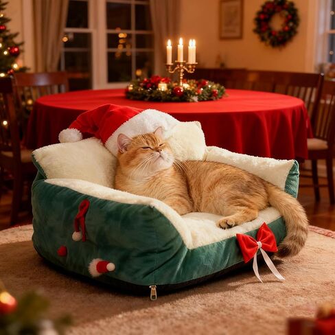 Pet Sofa,Sleeping Chair with Santa Hat | Cat Beds | for Home Kitchen Bedroom Living Room Porch Patio Balcony Play Area Apartment Indoor Relaxation Nighttime Sleep Daily Rest in Saudi Arabia