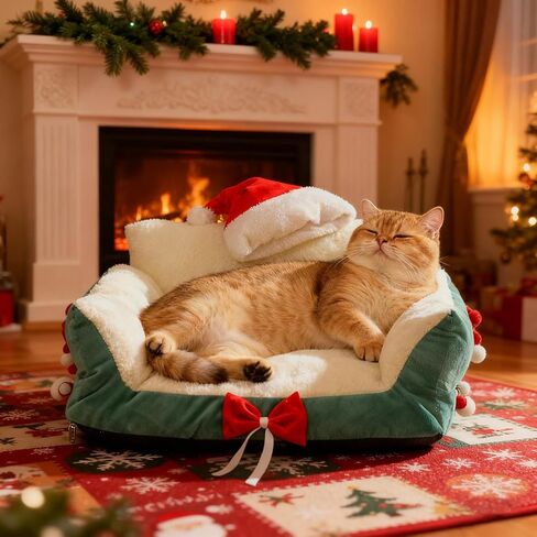 Pet Sofa,Sleeping Chair with Santa Hat | Cat Beds | for Home Kitchen Bedroom Living Room Porch Patio Balcony Play Area Apartment Indoor Relaxation Nighttime Sleep Daily Rest in Saudi Arabia