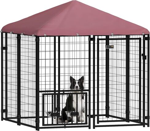 PawHut 4.6' x 4.6' x 5' Outdoor Dog Kennel, Welded Wire Dog Kennel Outside Run with 360° Rotating & 4 Level Adjustable Bowls, Waterproof & UV Resistant Cover, for S&M Breeds, Chickens, Ducks, Red in Saudi Arabia