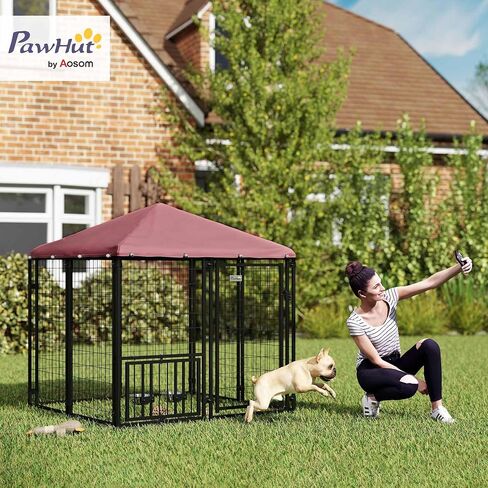 PawHut 4.6' x 4.6' x 5' Outdoor Dog Kennel, Welded Wire Dog Kennel Outside Run with 360° Rotating & 4 Level Adjustable Bowls, Waterproof & UV Resistant Cover, for S&M Breeds, Chickens, Ducks, Red in Saudi Arabia