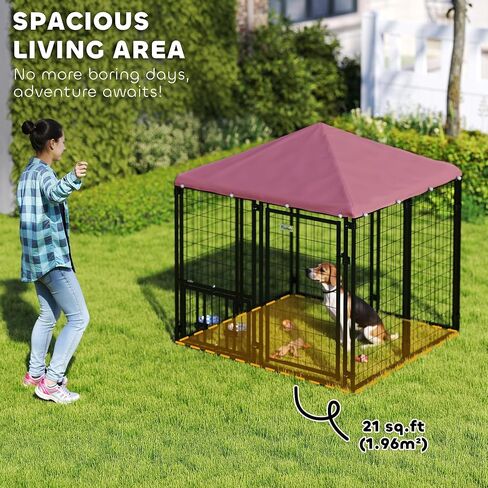 PawHut 4.6' x 4.6' x 5' Outdoor Dog Kennel, Welded Wire Dog Kennel Outside Run with 360° Rotating & 4 Level Adjustable Bowls, Waterproof & UV Resistant Cover, for S&M Breeds, Chickens, Ducks, Red in Saudi Arabia