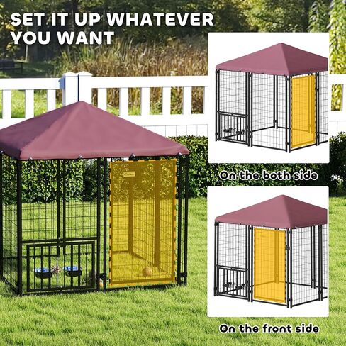 PawHut 4.6' x 4.6' x 5' Outdoor Dog Kennel, Welded Wire Dog Kennel Outside Run with 360° Rotating & 4 Level Adjustable Bowls, Waterproof & UV Resistant Cover, for S&M Breeds, Chickens, Ducks, Red in Saudi Arabia