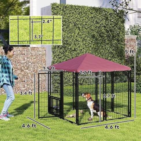 PawHut 4.6' x 4.6' x 5' Outdoor Dog Kennel, Welded Wire Dog Kennel Outside Run with 360° Rotating & 4 Level Adjustable Bowls, Waterproof & UV Resistant Cover, for S&M Breeds, Chickens, Ducks, Red in Saudi Arabia
