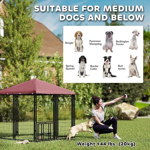 PawHut 4.6' x 4.6' x 5' Outdoor Dog Kennel, Welded Wire Dog Kennel Outside Run with 360° Rotating & 4 Level Adjustable Bowls, Waterproof & UV Resistant Cover, for S&M Breeds, Chickens, Ducks, Red in Saudi Arabia