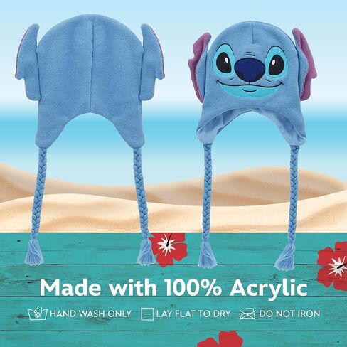 Disney Stitch Beanie Hat, Peruvian Winter Knit Cap with 3D Ears and Tassels, Blue, One Size in Saudi Arabia