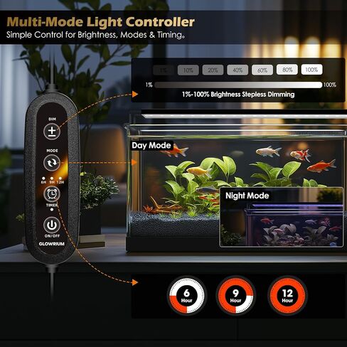 مصباح حوض السمك GLOWRIUM، حوض أسماك المياه العذبة LED كامل الطيف، قابل للتعتيم بشكل لا نهائي، ضوء خزان الأسماك مع مؤقت تشغيل/إيقاف تلقائي (18-23 بوصة) in Saudi Arabia