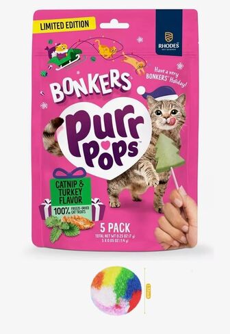 Bonkers Purrpops Christmas Themed Limited Edition Holiday Chicken Flavor Freeze-Dried Licks Cat Treats Catnip & Turkey Flavor - 5 Pack with 1 Cat Pom Pom Balls Toy in Saudi Arabia