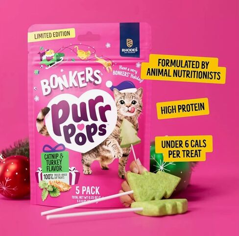 Bonkers Purrpops Christmas Themed Limited Edition Holiday Chicken Flavor Freeze-Dried Licks Cat Treats Catnip & Turkey Flavor - 5 Pack with 1 Cat Pom Pom Balls Toy in Saudi Arabia