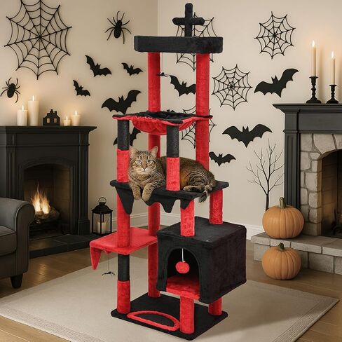 BYBYME Gothic Cat Tree for Halloween, 66in Tall Sturdy Furniture Set with Bed House, Hanging Toy, Scratching Board Sisal-Covered Posts, Multifunctional Cat Play Tower with Hammock（Black Red） in Kuwait