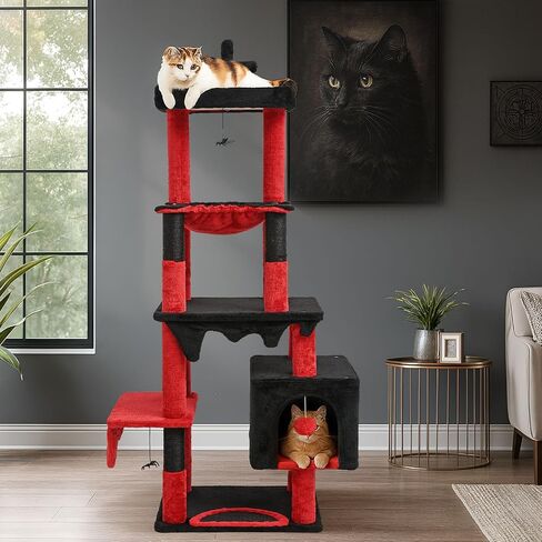 BYBYME Gothic Cat Tree for Halloween, 66in Tall Sturdy Furniture Set with Bed House, Hanging Toy, Scratching Board Sisal-Covered Posts, Multifunctional Cat Play Tower with Hammock（Black Red） in Kuwait