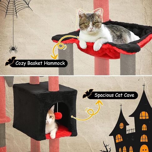 BYBYME Gothic Cat Tree for Halloween, 66in Tall Sturdy Furniture Set with Bed House, Hanging Toy, Scratching Board Sisal-Covered Posts, Multifunctional Cat Play Tower with Hammock（Black Red） in Kuwait